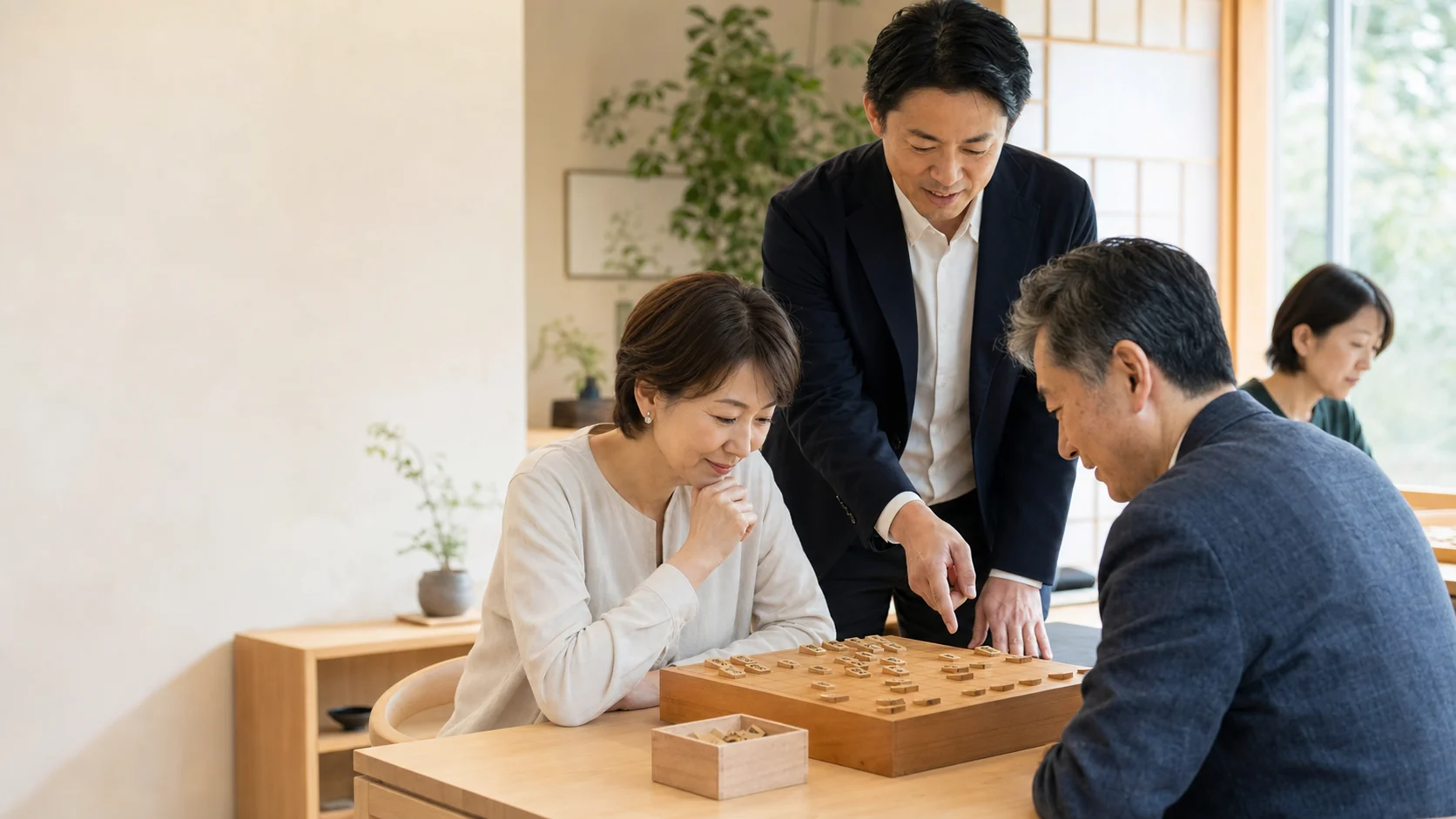 大人の受講生に講師が将棋を指導するイメージ（生成画像）