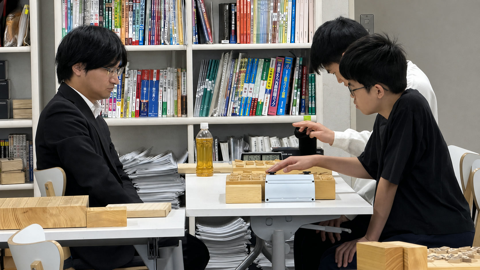 対局後に盤を指しながら感想戦を行う様子