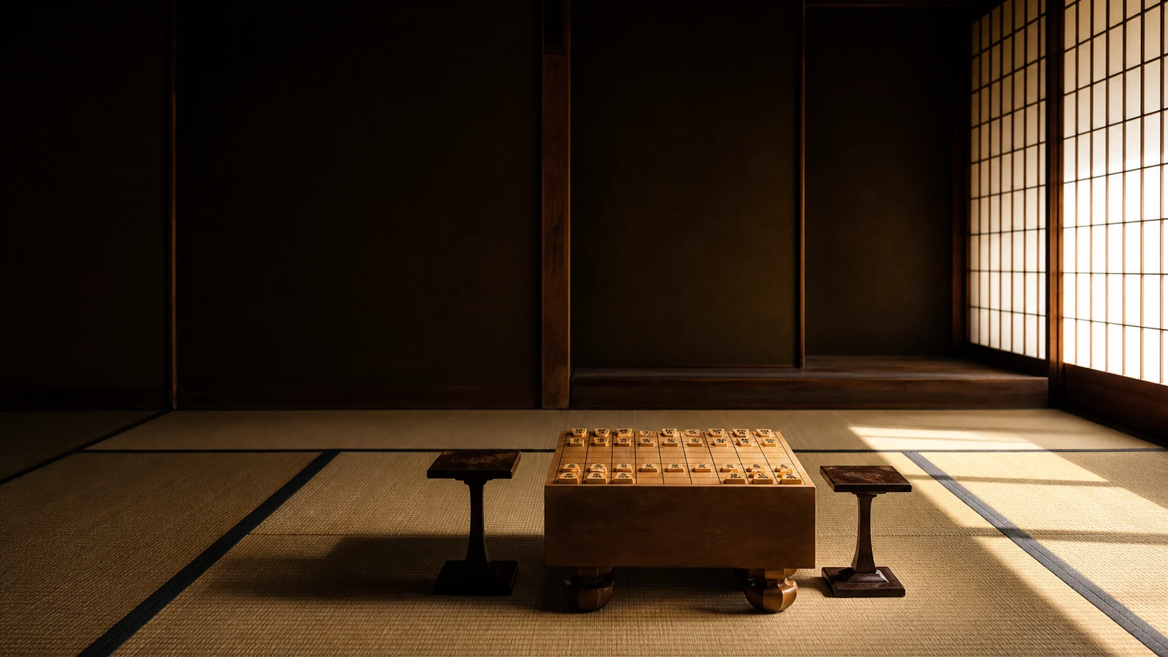 静かな和室に据えられた将棋盤