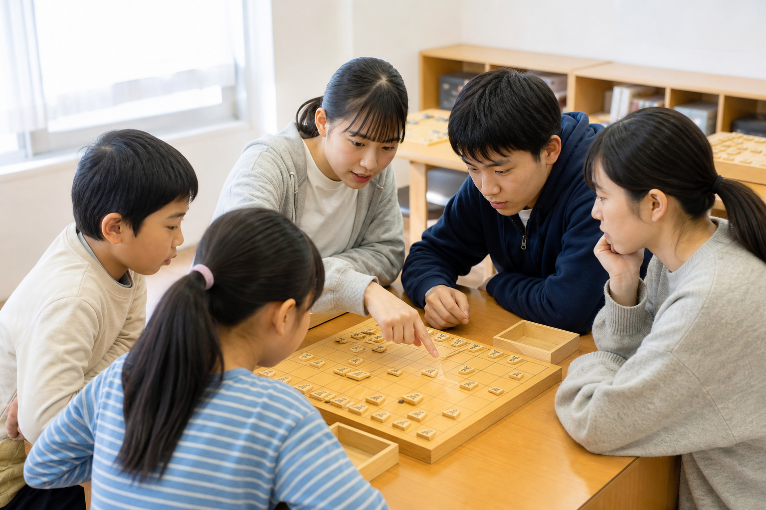 小学生・中学生・高校生が一つの将棋盤を囲み、棋譜を検討するイメージ