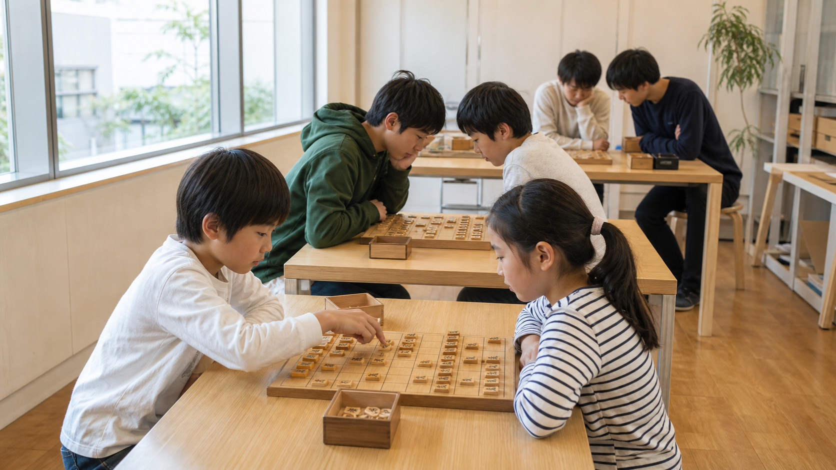 茗荷谷の明るい会場で、小学生・中学生・高校生が複数の将棋盤を囲むイメージ
