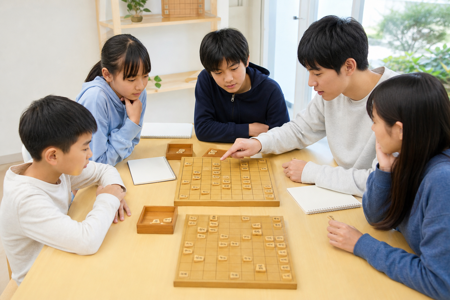 学年の異なる参加者が将棋盤を囲み、棋譜を検討するイメージ