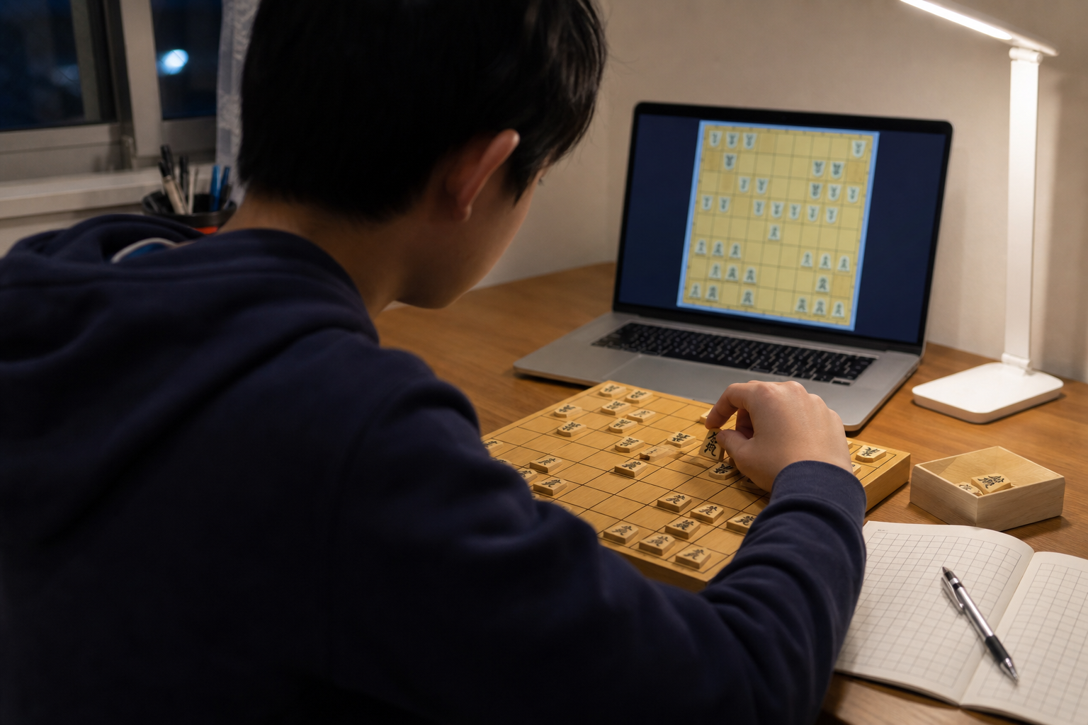 水曜研究会でオンライン対局の局面を手元の将棋盤で並べ直す学生のイメージ