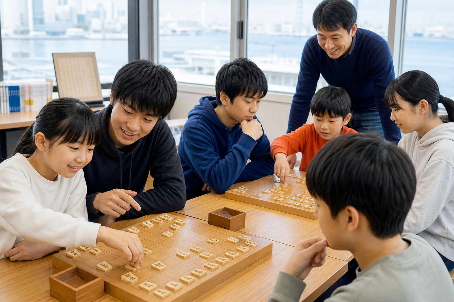 横浜の明るい会場で、複数の年代が将棋を研究するイメージ