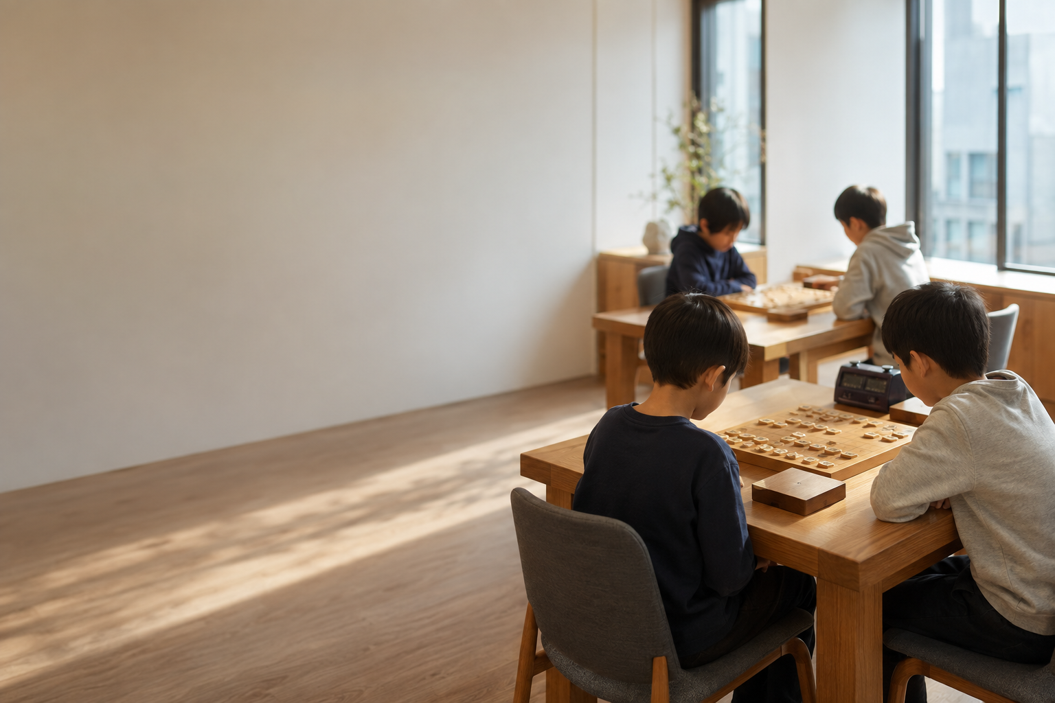 茗荷谷将棋センターで小中学生が向かい合って対局する様子