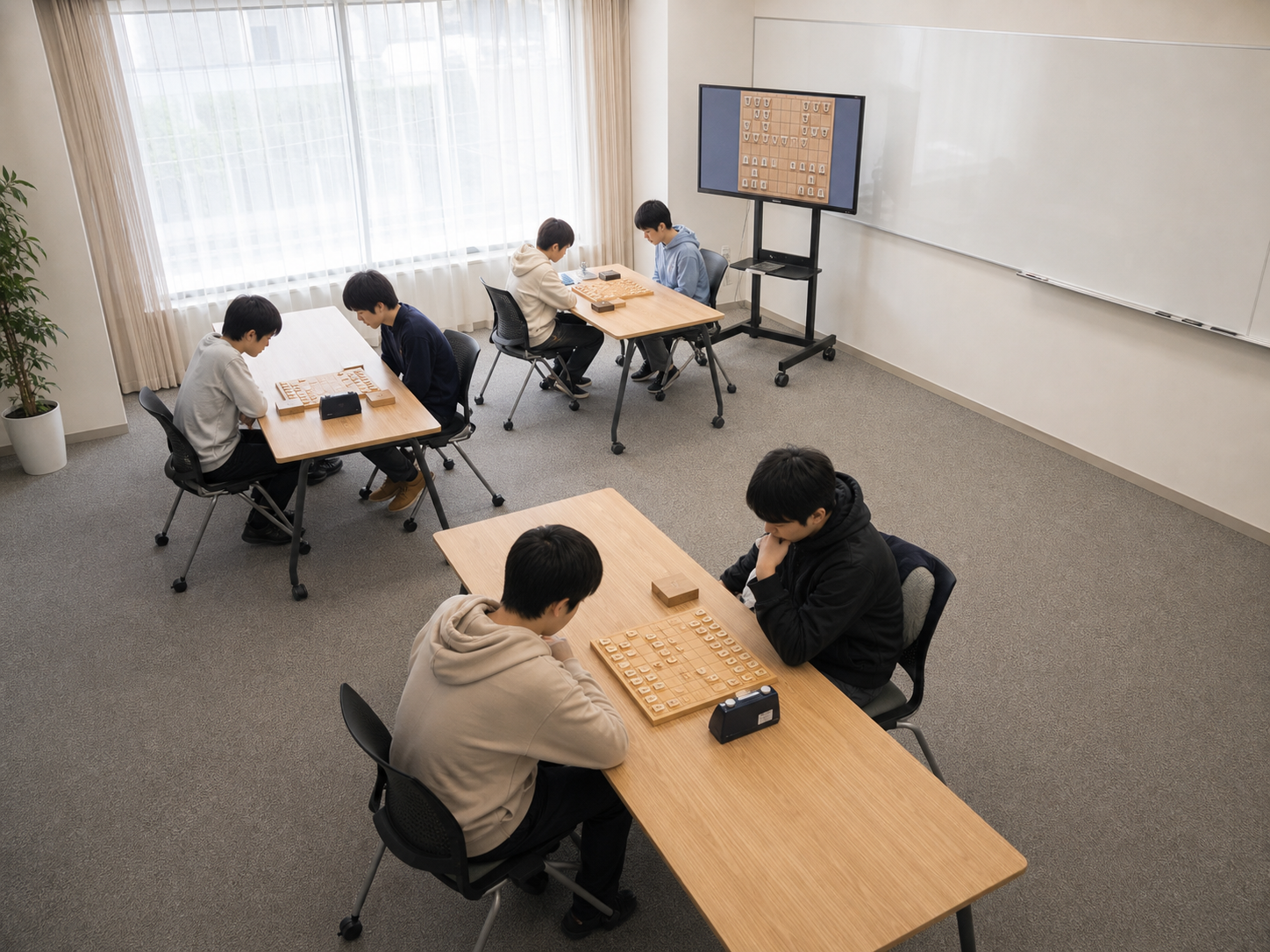 研究会の会場で、3組の中高生がそれぞれ将棋盤を挟んで対局している様子を斜め上から見た構図
