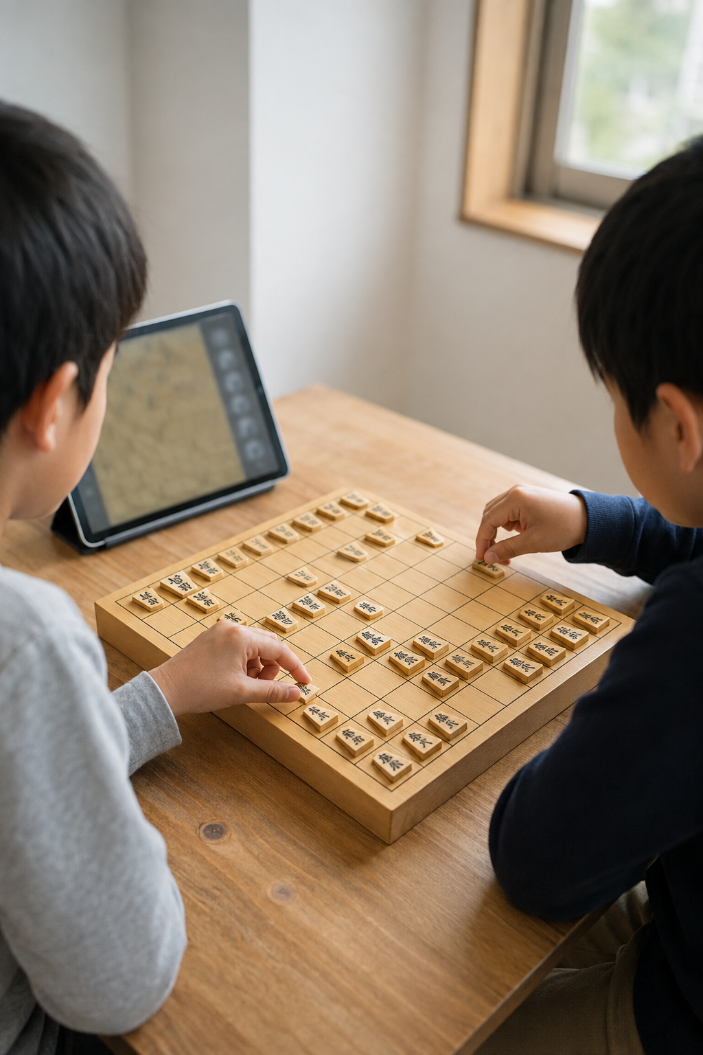対局を終えた2人が盤を挟み、タブレットを見ながら指した将棋を振り返る様子