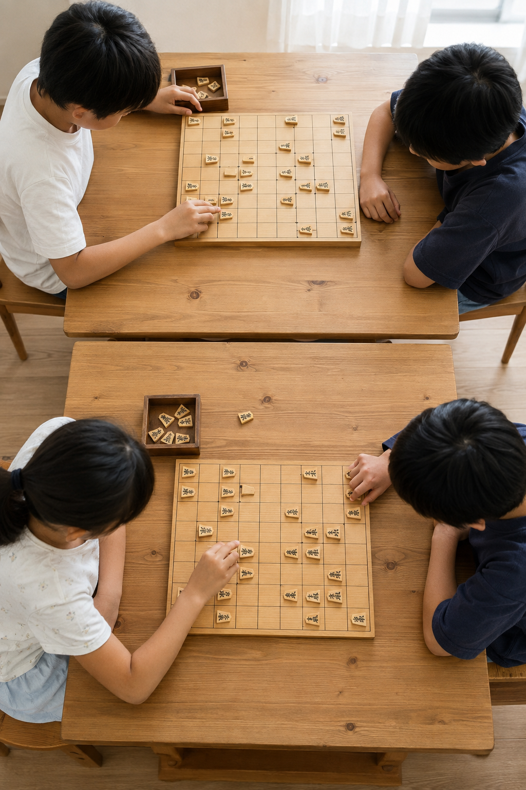 少人数の参加者が2組に分かれて対局する様子を上から見た構図