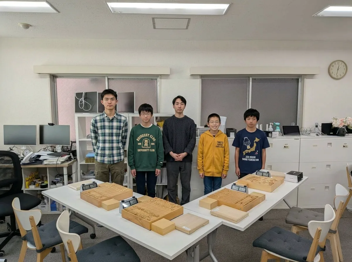 教室で講師と参加者が将棋盤の前に並ぶ様子